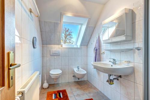 a bathroom with a sink and a toilet and a window at Wieckblick Krummin 17b in Krummin
