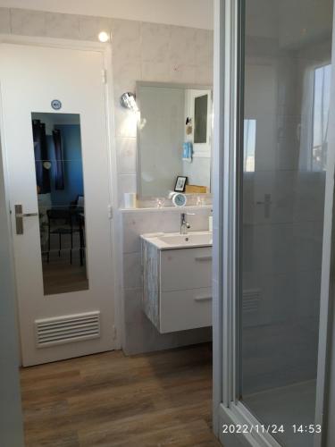 La salle de bains est pourvue d'un lavabo et d'un miroir. dans l'établissement studio vue imprenable sur marseille, à Marseille