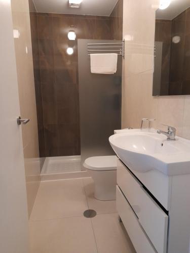 a bathroom with a toilet and a sink and a shower at Clérigos Ville Porto Rooms in Porto