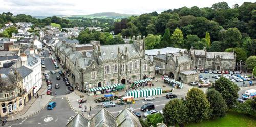 an aerial view of a town with a street at Brentor Self-catering in Brentor