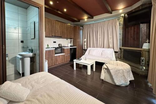 a hotel room with two beds and a kitchen at Under the rocks in Kalabaka