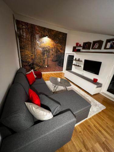 a living room with a gray couch and a television at Inverno Apartments Bjelašnica in Bjelašnica