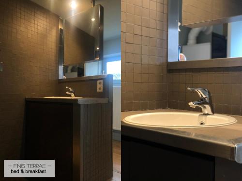 een badkamer met een wastafel en een spiegel bij Appartement aan Puyenbroeck in Wachtebeke