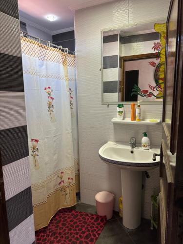 a bathroom with a sink and a shower curtain at Joli studio au centre d'Agadir in Agadir