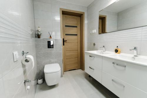 a bathroom with a toilet and a sink and a mirror at Apartament KARO 1 Karkonosze in Jelenia Góra