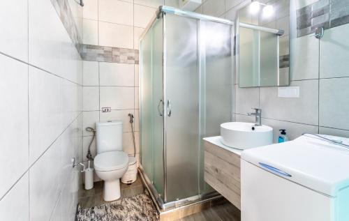 uma casa de banho com um chuveiro, um WC e um lavatório. em Alternative Plan em Lerápetra