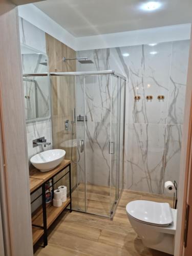 y baño con ducha, aseo y lavamanos. en Apartament Oporowska 22A, en Kutno