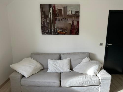 a living room with a gray couch with two pillows at L’escale du Roy : maison récente proche versailles in La Queue-lès-Yvelines