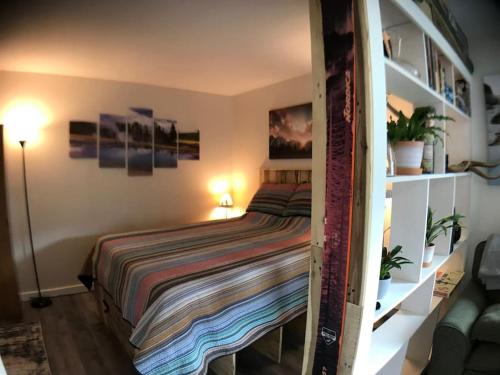 a bedroom with a bed and a book shelf at Sporty Mountain & Lake View 3rd Floor Studio in Big Sky