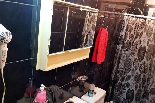 y baño con lavabo, espejo y ducha. en Departamento moderno x día en Neuquén