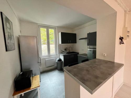una pequeña cocina con nevera y encimera en Prison dorée 52m2 à la frontière du Luxembourg 5P, en Sierck-les-Bains