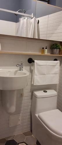 a white bathroom with a sink and a toilet at Samor centro histórico Bogota in Bogotá