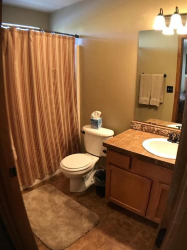 a bathroom with a toilet and a sink at Rustic 2 BR Mountain View-walk to resort in Big Sky