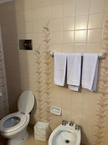 a bathroom with a toilet and a sink and towels at Hotel Concorde in San Carlos de Bariloche