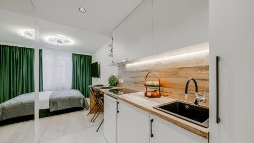 eine Küche mit einem Waschbecken und ein Bett in einem Zimmer in der Unterkunft Stylish Apartment in Zverynas in Vilnius