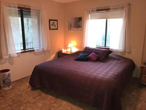 a bedroom with a bed with purple sheets and two windows at Foothill Acres in Midpines