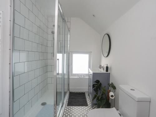 a bathroom with a glass shower and a toilet at Disgwylfa in Moelfre