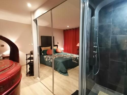 um quarto com uma cama e uma cabina de duche em vidro em Le Paul Chandon Centre-ville 4 pers em Épernay