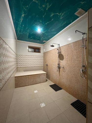 uma casa de banho com um chuveiro e um tecto com um mural de peixe. em Гостиница Селена em Qyzylorda