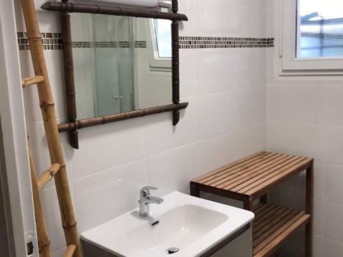 een badkamer met een wastafel en een spiegel bij Villa Le Lavandou, 3 pièces, 6 personnes - FR-1-610-44 in Le Lavandou