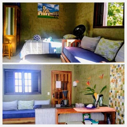 two pictures of a room with two beds and a kitchen at Flats Refugio da Mata in Paraty