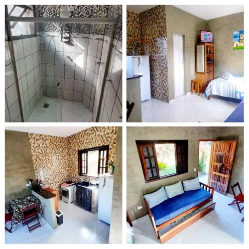 a collage of four pictures of a room at Flats Refugio da Mata in Paraty
