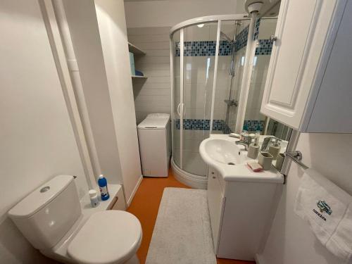 a bathroom with a toilet and a sink and a shower at Appartement chaleureux , cosy, bien équipé et bien placé in Sedan
