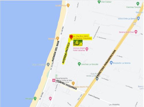 a map with a yellow spot on it at Departamento a pasos de la playa avenida del mar in La Serena