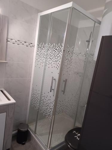 um chuveiro com uma porta de vidro na casa de banho em Charmant appart. 500m plages des Sablettes em La Seyne-sur-Mer