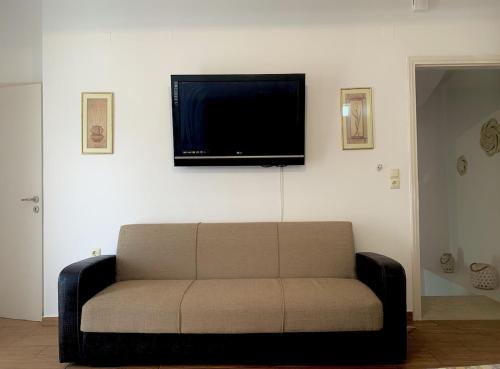 House Marina في Paránimfoi: أريكة في غرفة معيشة مع تلفزيون بشاشة مسطحة