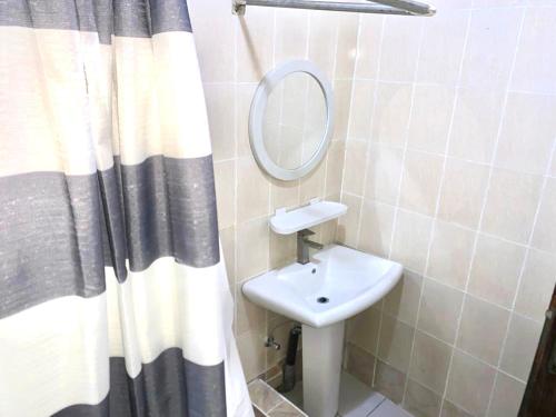 ein Badezimmer mit einem Waschbecken, einem Spiegel und einem Duschvorhang in der Unterkunft Résidences MAFCA in Conakry
