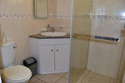 a bathroom with a toilet and a sink and a shower at Apartment with Sea View at Margate, South Coast in Margate