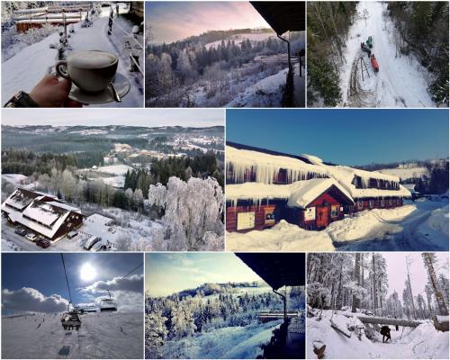 a collage of photos of a ski resort in the snow at Czarna Owca in Istebna