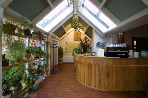 a restaurant with a counter with plants and a window at Hotel De Gravin van Vorden in Vorden