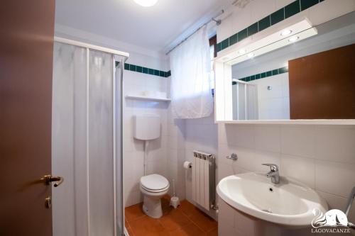 ein Badezimmer mit einem Waschbecken, einem WC und einem Spiegel in der Unterkunft Paraìso del Sol in Polpenazze del Garda