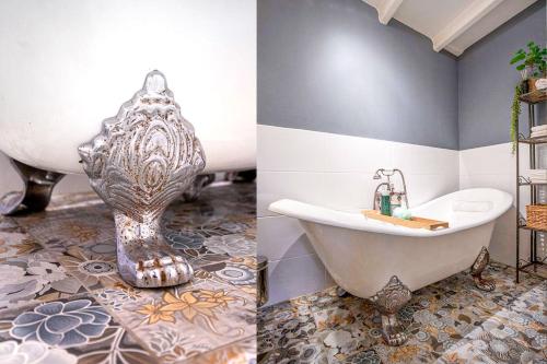 two pictures of a bathroom with a tub and a sink at Sterlogies Cityhouse Madame Agaath in Leeuwarden