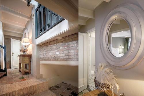 two pictures of a hallway with a mirror and a staircase at Cityhouse Madame Agaath in Leeuwarden
