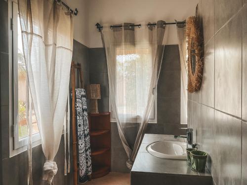 uma casa de banho com um lavatório e uma cortina de chuveiro em La Maison de Jeanne et Léa em Somone