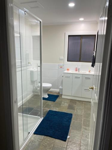 a bathroom with a glass shower and a toilet at Jerilderie BNB - Pets Welcome - House in Jerilderie
