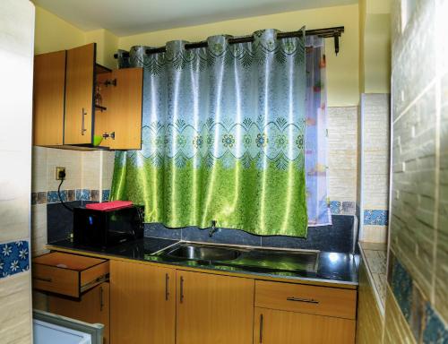 a kitchen with a sink and a green curtain at Davis Court in Nyeri