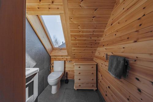 a bathroom with a toilet and a sink and a window at Lubia apartamenty nad morzem w Lubiatowie in Lubiatowo