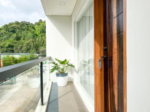 a balcony with a door and a potted plant at Bill Tourist Inn in El Nido