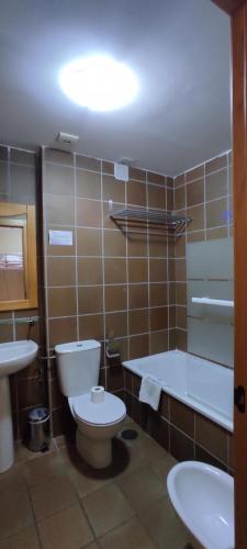 a bathroom with a toilet and a sink and a tub at Apartamentos Boabdil in Sierra Nevada