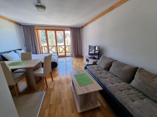 ein Wohnzimmer mit Sofa und Tisch in der Unterkunft RT APARTMANI VUČKO JAHORINA in Jahorina