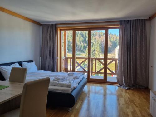 ein Schlafzimmer mit einem Bett und einem großen Fenster in der Unterkunft RT APARTMANI VUČKO JAHORINA in Jahorina