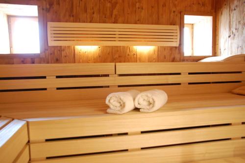 a sauna with two towels on a wooden wall at Metzgerei Gasthof Romantik Hotel Der Millipp in Beilngries