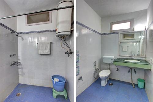 two pictures of a bathroom with a toilet and a sink at HOTEL ROYAL Manali in Manāli