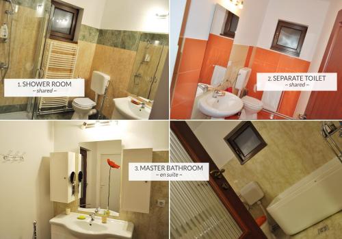 a collage of four pictures of a bathroom at Jasmine Residence in Prejmer
