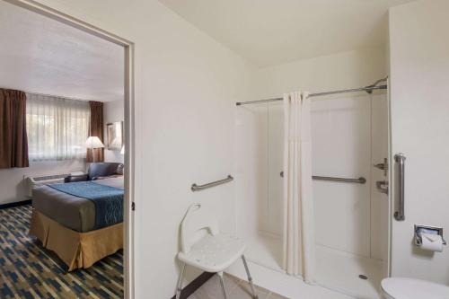 a hotel room with a bed and a shower at Rodeway Inn Fort Morgan in Fort Morgan