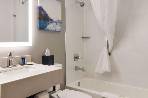 ein Bad mit einem Waschbecken, einem WC und einer Dusche in der Unterkunft Sleep Inn & Suites Clarion, PA near I-80 in Clarion